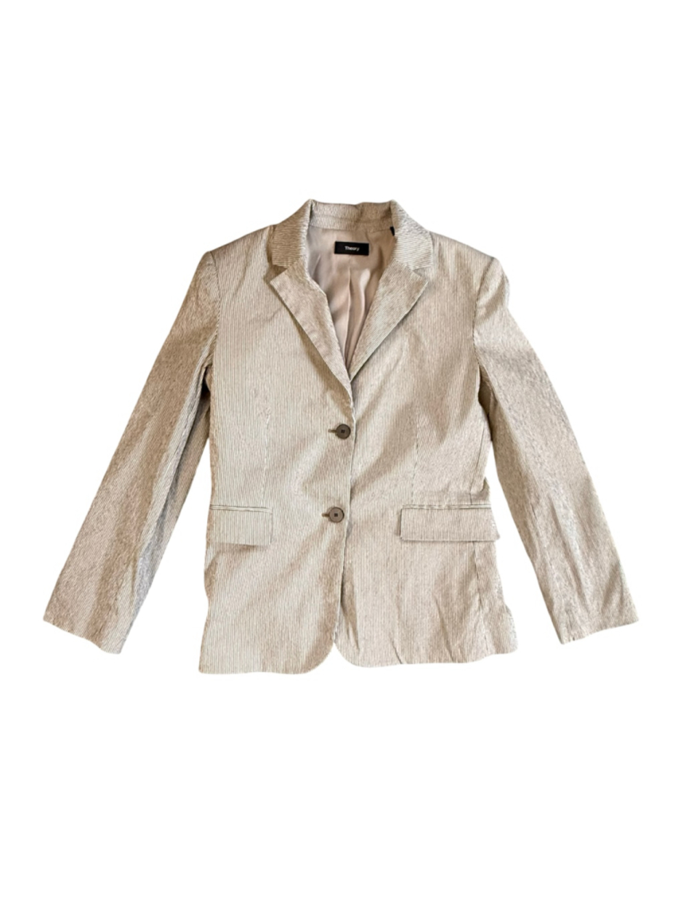 Theory Seersucker Striped Shrunken Blazer Jacket Tan Beige White Size 8